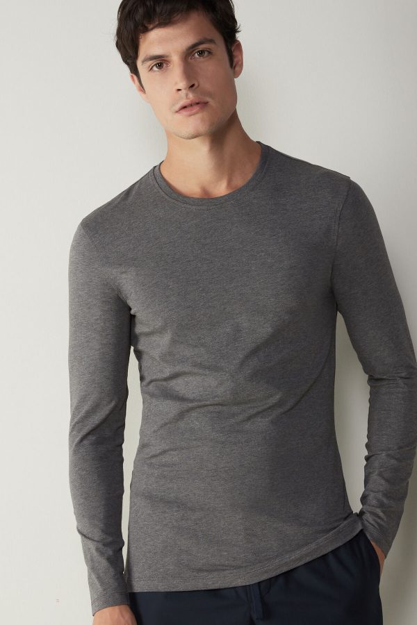 Tričko S Dlhým Rukávom Intimissimi Long-Sleeve Stretch Supima Bavlnene Panske Siva | SK-6210IYDVM