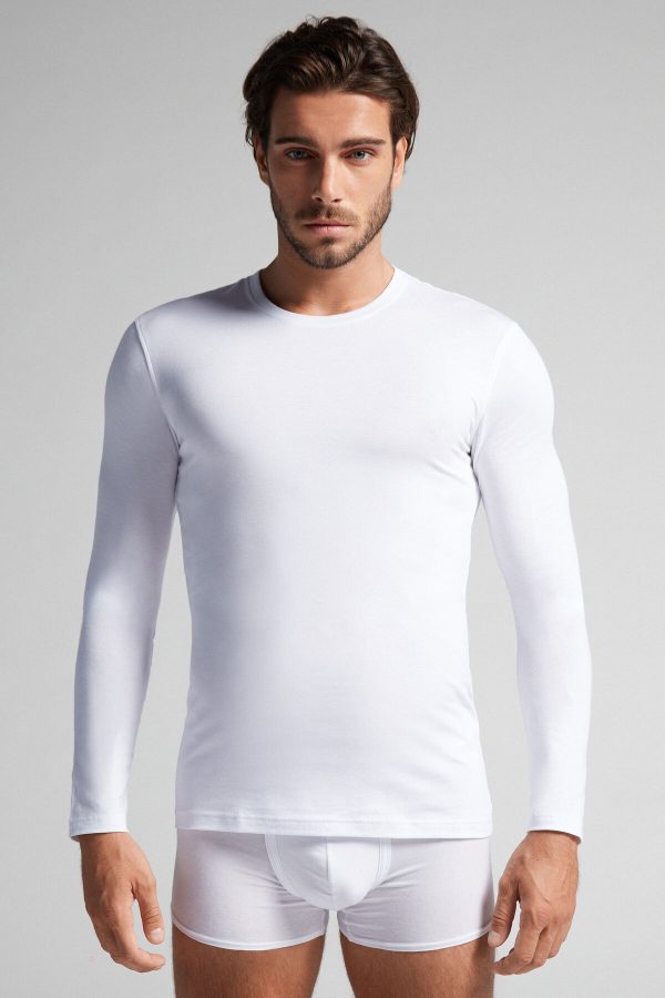 Tričko S Dlhým Rukávom Intimissimi Long-Sleeve Stretch Supima Bavlnene Panske Biele | SK-9123SIHRW