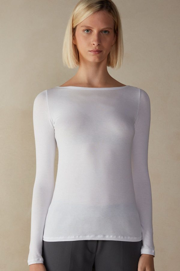Tričko S Dlhým Rukávom Intimissimi Long Sleeve Bateau Neck in Micromodal Damske Biele | SK-9537QMHWY