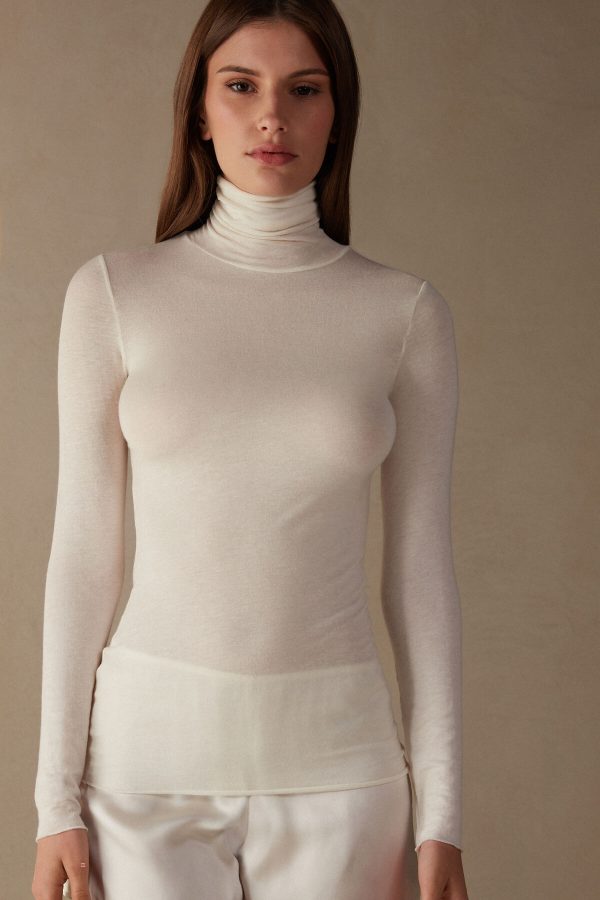 Tričko S Dlhým Rukávom Intimissimi Modal Cashmere Ultralight High-Neck Damske Biele Svetlo Žlté | SK-0387OSBUJ