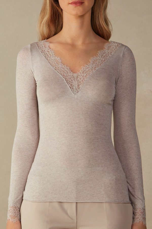 Tričko S Dlhým Rukávom Intimissimi Modal Cashmere Ultralight Long Cipkovane Damske Béžové | SK-9614IWRGD