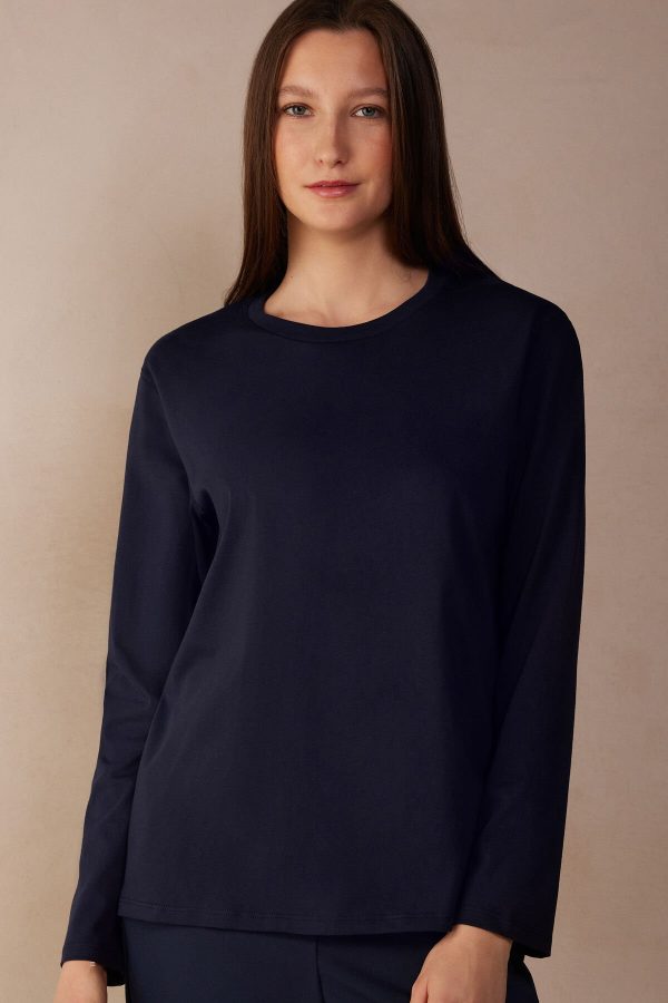 Tričko S Dlhým Rukávom Intimissimi Oversized Long Sleeve in Supima® Bavlnene Damske Modre | SK-2516OUHVI