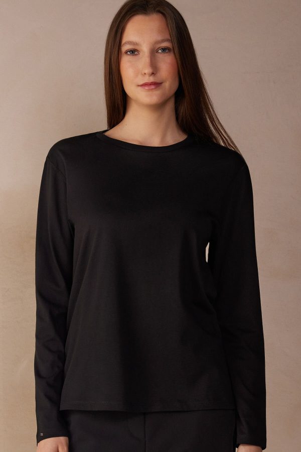 Tričko S Dlhým Rukávom Intimissimi Oversized Long Sleeve in Supima® Bavlnene Damske Čierne | SK-9416XJMQK