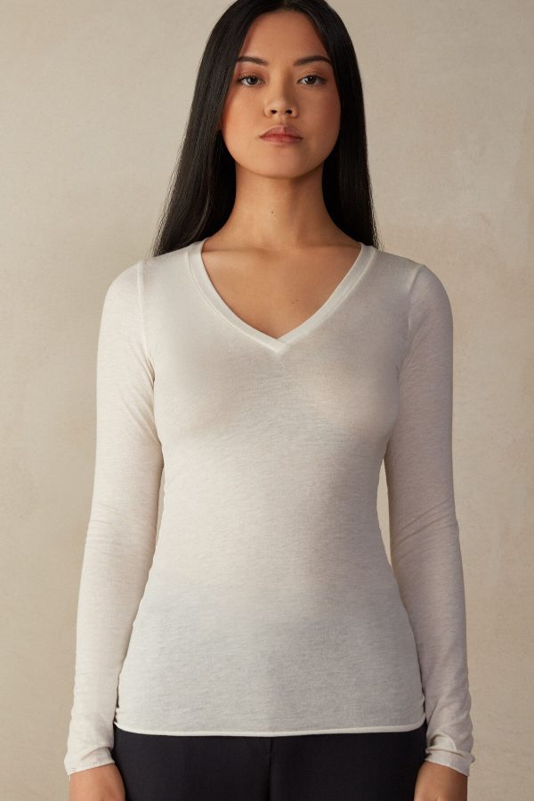 Tričko S Dlhým Rukávom Intimissimi V-neck top in Modal Ultralight with Cashmere Damske Biele Svetlo Žlté | SK-8702RKGHX